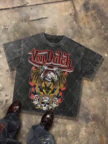 Van Dutch Eagle Skull  Graphic Men's 230g Combed Washed Cotton T-Shirt, Street Short-Sleeve Top, American Gothic Biker Style Apparel, Spring Summer Crew Neck Top, Suitable For Summer Daily Casual Wear - màu đen - Xem 1