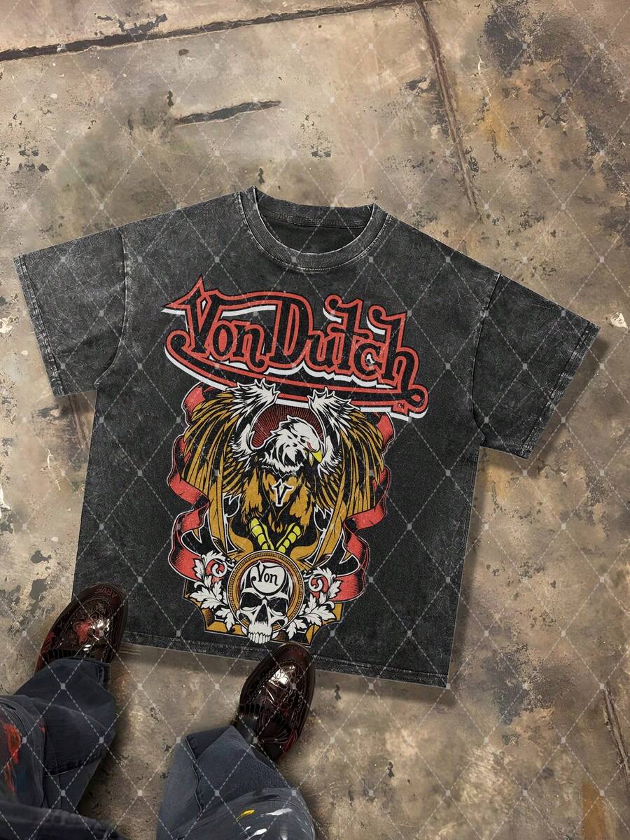 Van Dutch Eagle Skull Graphic Men's 230g Combed Washed Cotton T-Shirt, Street Short-Sleeve Top, American Gothic Biker Style Apparel, Spring Summer Crew Neck Top, Suitable For Summer Daily Casual Wear - màu đen - Xem 1