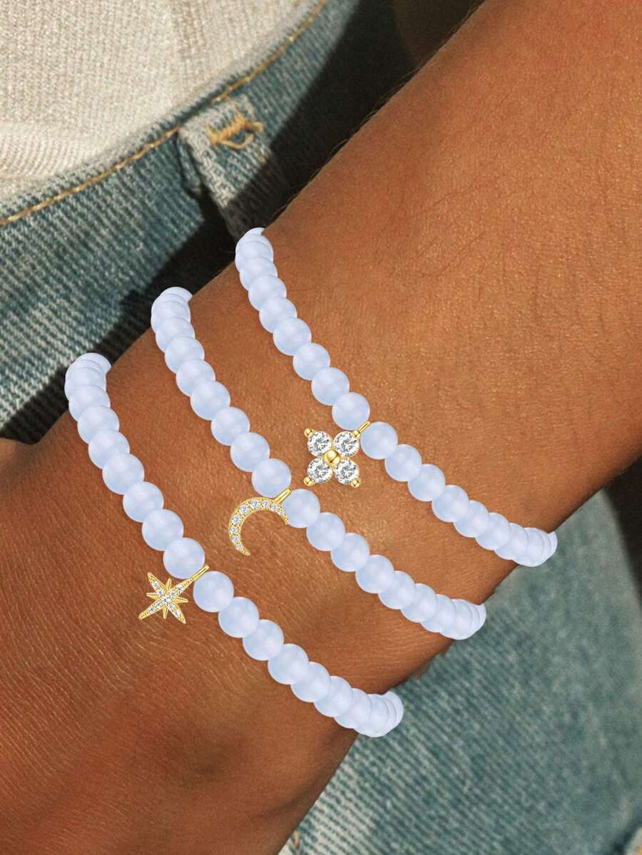 FOREVER QUEEN 1pc 925 Sterling Silver Aquamarine Agate Handmade Beaded Moon, Star, Clover Bracelet For Women & Girls - Aquamarine - View 1