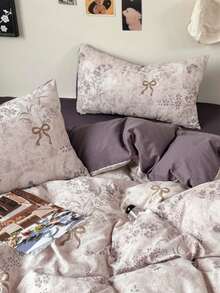 4pcs Butterfly & Wheat Floral Duvet Cover Set (1*Duvet Cover + 1*Flat Sheet + 2*Pillowcases), Ink Butterfly Print, Lavender Leaf Pattern, Luxurious Retro Style, Solid Color Sheet, Active Dyeing Process, With Tie Corners And Zipper Design, Versatile, Soft Texture, Machine Washable, Duvet Cover & Pillowcases Without Filler, Back To School - Purple - View 6