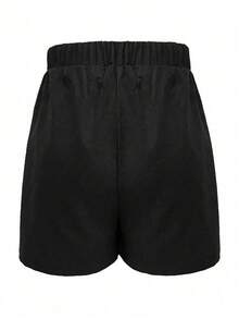 Women's Drawstring Wide Leg Woven Shorts With Pockets, Casual Non-Stretch Black Summer - Black - View 2