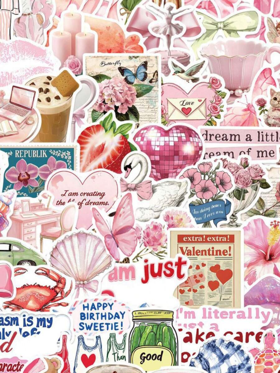 200PCS Cartoon Pink Stickers Downtown Y2K Stickers Downtown Girl Stickers Y2K Stuff Cute Pink Stickers Stickers For Water Bottle, , Guitar, Luggage, Phone, Case, Laptop, Skateboard, Gift - C - View 1