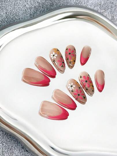 26mm Almond-Shaped Handmade Transparent Nail Tips, Nude, Pink, Floral Design, Elegant, Cute, Versatile Artificial Nails, Suitable For Party, Outdoor, Beach, Daily, Holiday, Gathering, Work And Special Occasions - 10pcs/Pack