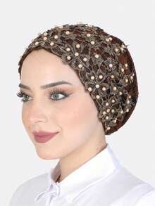 1pc Women's Muslim Shiny Beaded Headscarf Cap, Suitable For Daily Use - Multicolor - View 6