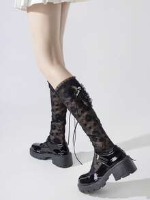 1 Pair Spring/Summer Lace Mid-Calf Socks, Ins Hollow Pearl Net Stockings, Japanese Style Leg Warmers/Knee-High Socks With Ribbon Bow, Lace Pearl Bowknot Ballerina Lolita Slimming Leg Warmers - Multicolor - View 7