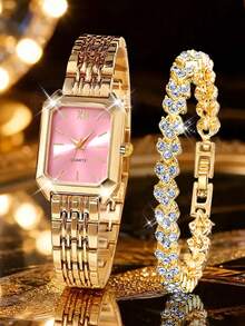 Set de 2 piezas Reloj de mujer con esfera de números romanos y pulsera con letra LOVE, de aleación metálica, de moda y casual, adecuado para uso diario o como regalo para vacaciones - Dorado - Ver 17
