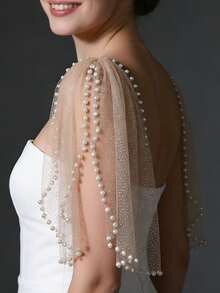 2pcs Sparkling Glitter Faux Pearl Shawl, Suitable For Bride Wedding, Bridal Gown, Party Dress, Short Shoulder Cover, With Detachable Safety Pin - Multicolor - View 2