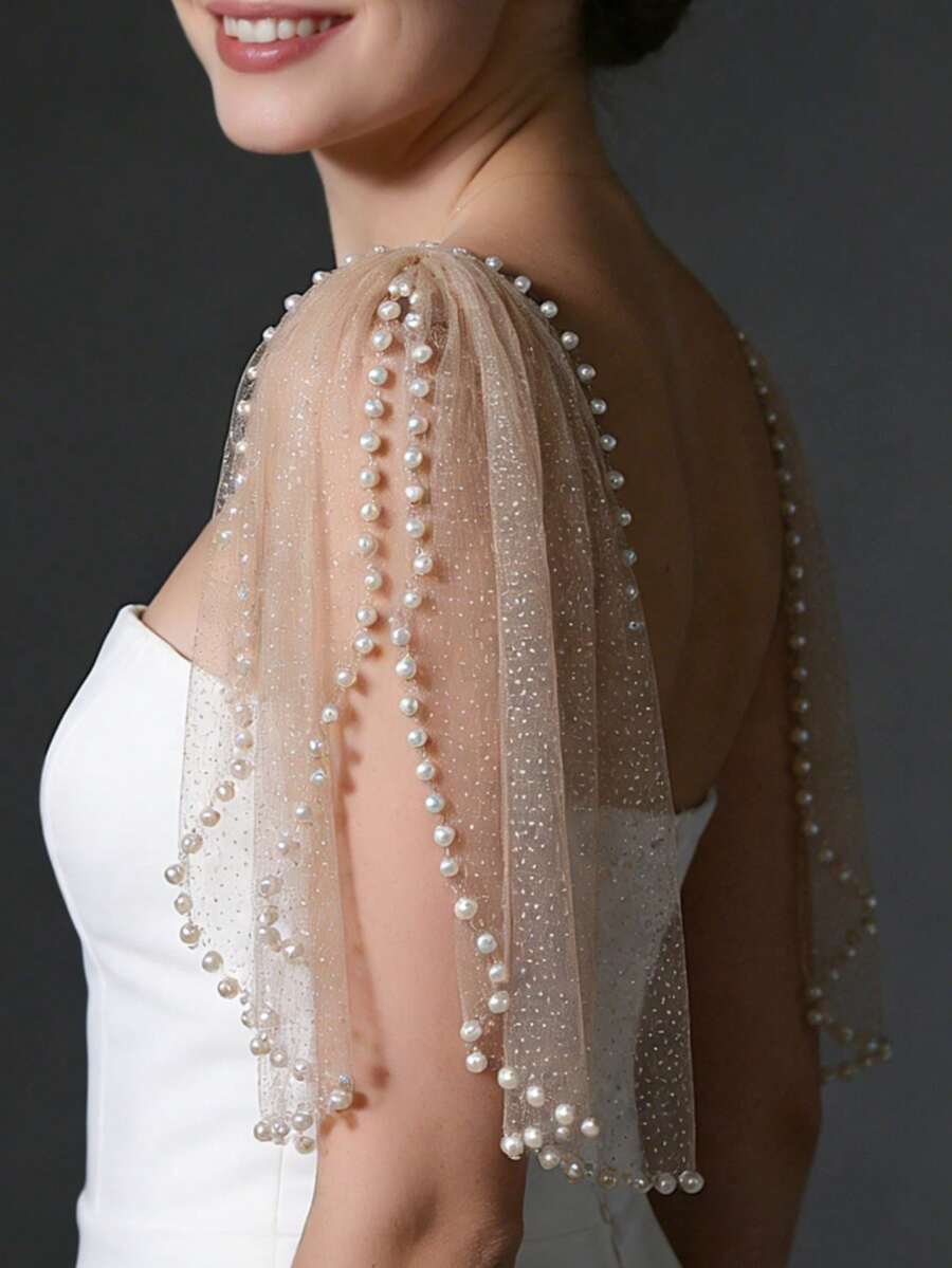 2pcs Sparkling Glitter Faux Pearl Shawl, Suitable For Bride Wedding, Bridal Gown, Party Dress, Short Shoulder Cover, With Detachable Safety Pin