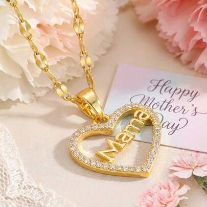 1 Stück modischer, zarter, beliebter Herz-förmiger Anhänger Halskette mit Edelstahl Kette als Geschenkidee für die beste Mama am Muttertag