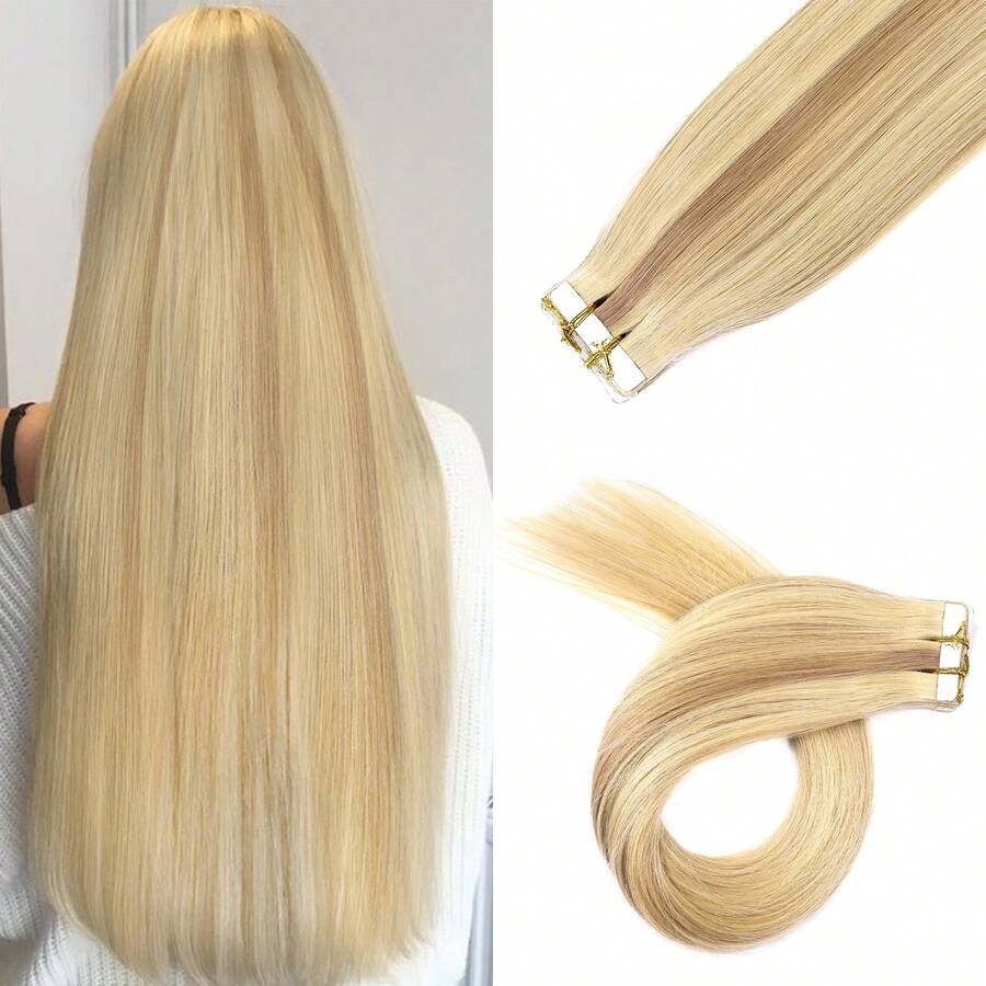 Tóc nối PU trong suốt dành cho nữ - Tóc thẳng, phù hợp với mọi loại tóc, màu vàng đồng bóng, không đường nối, giúp tăng độ dày tự nhiên cho tóc, tóc nối bền chắc.