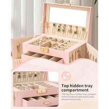Large 4-Tier Jewelry Box Leather Jewelry Storage Organizer With 3 Drawers Lockable For Women Girls Ring Necklace Earring Bracelet Watches Holder With Mirror Pink - Pinkgold - 查看 4