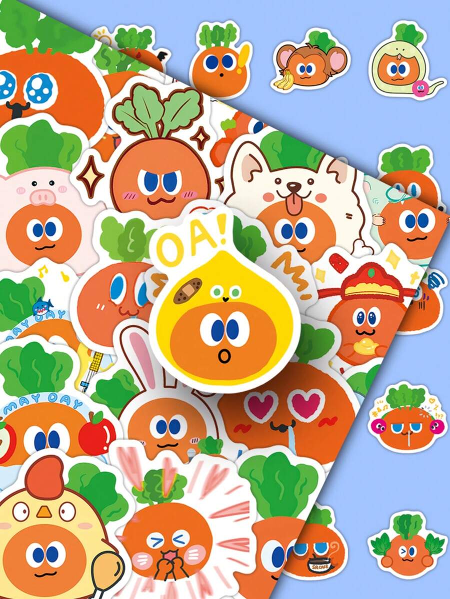 50pcs Cute Cartoon Soft Cute Radish Expression Stickers, Funny Decorative Stationery, Water Bottle, Notebook Stickers - Multicolor - View 1
