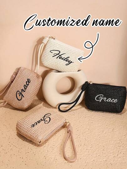 Women's Customized Straw Coin Purse, Multi-Functional Storage Bag, Can Be Customized With Name And Text, Embroidered Name, Personalized Birthday Gift, Summer Mini Woven Bag, Travel Portable Cosmetic Bag, Small Portable Bag Charm, For Storing Keys, Coins, Id Cards, Lipstick, Suitable Holiday Gift, Wedding Keepsake, Graduation Gift, Back-To-School Gift, Mother's Day Gift, Teacher's Day Gift