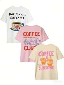 3pcs Summer New Fashionable Versatile Casual Minimalist Floral & Coffee Print Round Neck Short Sleeve T-Shirts For Women - Multicolor - View 4