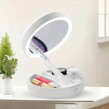 Foldable Makeup Mirror With LED Lights And 10x Magnification, Foldable LED Magnifying Makeup Mirror With USB Or Battery Powered 10x Light, Desktop Mirror - White - View 3
