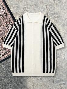 Men's Casual Loose Retro Striped Knit Cardigan, Versatile Business Commute Polo Collar Button Up Sweater, Lightweight Knitted Short Sleeve Cardigan, Beige, Suitable For Spring And Summer - Beige - View 2