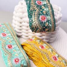 1 Rollo, 100CM Encaje bordado con lentejuelas - Amarillo vibrante, verde, blanco con patrones florales multicolor - Ideal para bandas de sombreros DIY, corbatas, decoración de cortinas y proyectos de costura, vendido por el rollo completo - amarillo - Ver 7