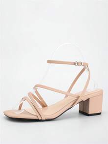 MINGDILIN 女士极简交叉露趾高跟凉鞋，新款夏季时尚百搭方头低跟罗马凉鞋，适合度假 - 杏色 - 查看 7