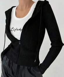 Scacto Women's Slim Fit Solid Color Hooded Jacket - Black - View 4