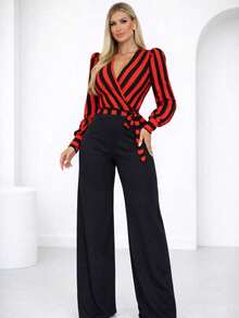 Women's Chic Long-Sleeved Striped Jumpsuit With Wide-Leg Pants, Ribbed And Elastane, Slim Fit, V-Neck, Casual And Elegant Winter Fashion - 橘色 - 查看 1
