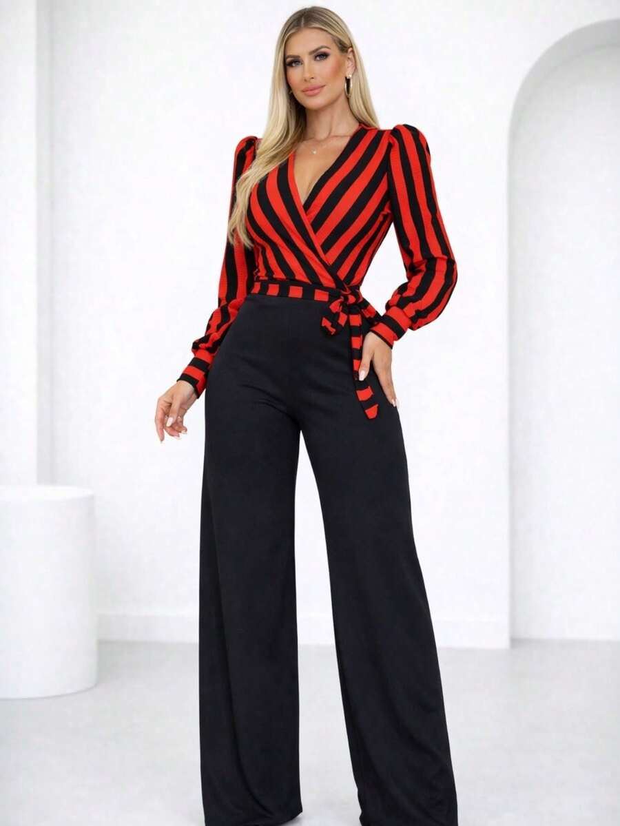 Women's Chic Long-Sleeved Striped Jumpsuit With Wide-Leg Pants, Ribbed And Elastane, Slim Fit, V-Neck, Casual And Elegant Winter Fashion - 橘色 - 查看 1