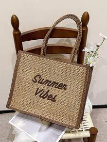 Túi đeo vai bằng rơm kiểu dáng nghỉ hè dành cho nữ, túi tote dệt họa tiết chữ thêu, dung tích lớn, thích hợp cho kỳ nghỉ, đi biển, dạo phố. - Cà phê nâu - Xem 4