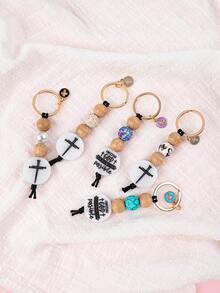 1pc Inspirational "With God" Beaded Keychain, Featuring Bohemian And Faith Design, Motivational Tag And Delicate Cross Accent, Minimalist Accessory For Daily Outfit Gifts For Mother, Father, Graduation, And Teacher - Multicolor - View 3
