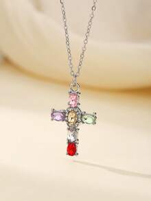 1 chiếc dây chuyền hình thánh giá đính đá lấp lánh kiểu dáng Châu Âu và Mỹ thanh lịch, mặt dây chuyền độc đáo, phù hợp cho phụ nữ đeo hàng ngày hoặc làm quà tặng. - Nhiều màu - Xem 6