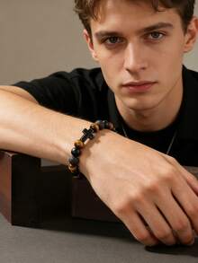 Vòng tay nam cổ điển đính hạt đá mắt hổ và mặt dây chuyền hình thánh giá - Món quà trang sức bảo vệ dành cho bạn trai, người yêu và bạn bè, phù hợp để đeo hàng ngày và trong mọi mùa. - Nhiều màu - Xem 2