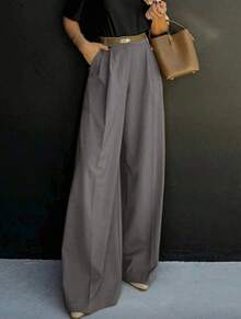 Straight-Leg, Wide-Legged Suit Trousers. Floor-Length. - Dark Grey - View 2