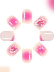 24片装短方形假指甲，粉橙色花朵可爱合金亚克力材质，按压式凝胶美甲套装（附赠：果冻胶和指甲锉），适合女性日常约会派对。 - 彩色 - 查看 2
