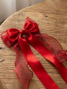 1个女士发夹，大号缎面蝴蝶结发夹，超长尾巴可爱发饰 - 紅色 - 查看 3