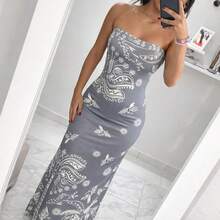 Women's Long Midi Dress Strapless Tropical Summer - Grey - View 3