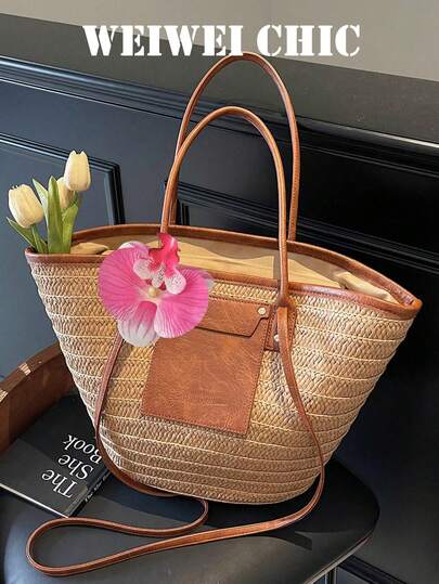 1 chiếc túi tote rơm màu kaki phong cách Boho với điểm nhấn hoa lan hồng, túi tote cỡ lớn có miếng vá da, hoàn hảo cho kỳ nghỉ biển và những buổi đi chơi thường ngày.