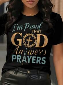 I Am Proof That God Answers Prayers Christian Faith Statement Shirt For Women Religious Inspiration Wear Spiritual Message Top - 黑色 - 查看 4