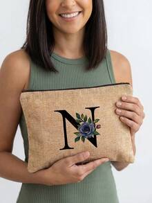 1pc A-Z Letter & Floral Print Cosmetic Bag, Lightweight Travel Toiletry Organizer - Multicolor - View 10