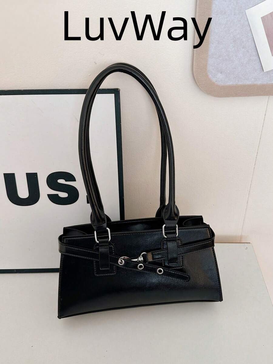 1个复古大容量手提包，通勤超大腋下包，时尚摩托车手提包，PU纯色油蜡皮革，带肩带装饰，拉链封口，女士单肩包，适合工作、大学生背包、短途旅行、度假、购物、商务等场合，日常使用皆宜。