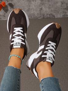 Women's Casual Lace-Up Patchwork Athletic Sneakers - Brown - View 2