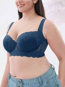 Plus Size Floral Lace Underwire Bra, Wide Strap Comfortable Style, Full Cup Design, Exquisite Lace Details, Supportive Underwire For Lifted Bust - Blue - View 10