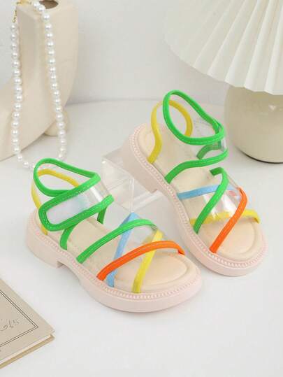 New Colorful Transparent Strap Decorated Children's Sandals, Minimalist Roman Style Comfortable Elastic Thick-Sole Kids Flat Sandals, Convenient Hook And Loop Closure Girls & Boys Beach Shoes, Summer Versatile Essential