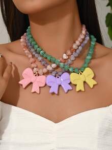 1 Set Fashionable & Elegant Bohemian Style Irregular Stone-Shaped Multi-Color Resin Beaded Necklace, Including 3D Colorful Heart, Starfish, Bowknot Pendants, Suitable For Fashionable Beach Party Wear, Unique & Charming Design For Stylish Ladies. The Resin Patterns And Pendant Quantities Are Randomly Distributed Due To The Handmade Stone-Imitation Production Process. - Multicolor - View 9