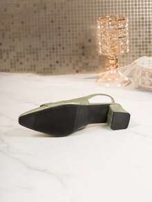 优雅女士包头凉鞋，中跟尖头金属扣，百搭通勤鞋，休闲日常穿着 - 綠色 - 查看 9