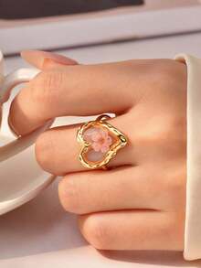 Anillos de acero inoxidable para mujer, joyas de resina con flores únicas, anillos apilables geométricos delicados y vintage, impermeables - Dorado - Ver 6