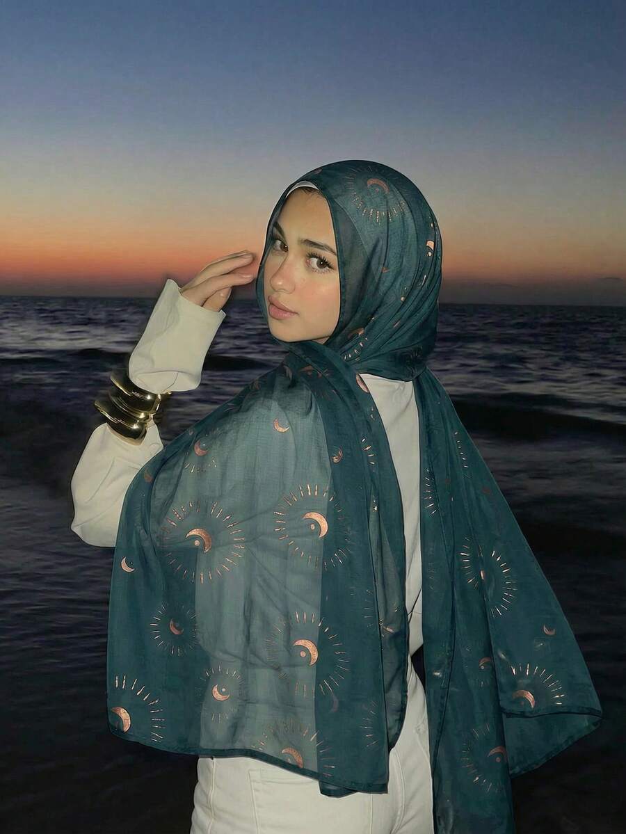 1pc Women's Vintage Star & Moon Print Headscarf, Viscose, Comfortable Lightweight Breathable Soft Scarf/Shawl, Summer Sun Protection, Versatile For Daily Wear, Suitable For All Seasons, Beach, Holiday - Multicolor - View 1