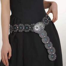 Curea de cowgirl în stil american western, cea mai bine vândută curea din piele retro, personalizată, exagerată, rotundă, cu strasuri încrustate, pentru femei, cu imprimeu floral tropical, din aliaj de zinc pentru petrecere - Negru - Vizualizare 1