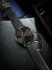 LUCKYFOX 1pc Boxed Business Triple-Eye Six-Needle Dial Leather Strap Calendar Watch, High-End Suitable For Daily Life, Business Events, Holidays, Birthday Gifts, Valentine's Day, Christmas, - Black - View 4