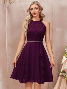 MIUSOL Đầm xòe chiffon cổ cao xếp ly ren hoa, thanh lịch, thích hợp dự tiệc cưới, sinh nhật, lễ tốt nghiệp, tựu trường và các dịp khác trong mùa xuân. - Màu Tím - Xem 4