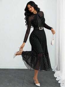 Women's Elegant, Sexy, Romantic, Retro Polka Dot Double-Layer Bow Dress, Suitable For Commuting, Dating And Vacation Black Spring - 杏 - 查看 1