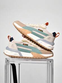 Men Colorblock Chunky Sneakers, Retro Lace-Up Casual Sports Shoes For Campus, Walking & Daily Wear - Beige - View 6