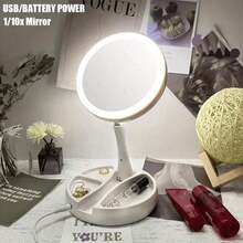Foldable Makeup Mirror With LED Lights And 10x Magnification, Foldable LED Magnifying Makeup Mirror With USB Or Battery Powered 10x Light, Desktop Mirror - White - View 6